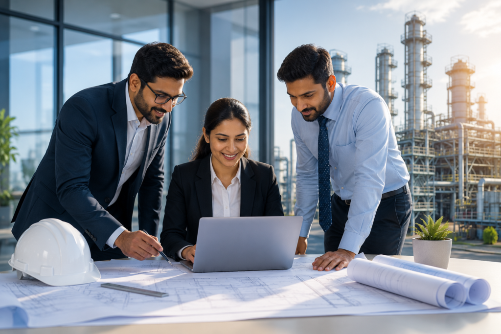 ENMAGSYS engineering consultants and industry experts discussing industrial project plans and technical solutions in a modern office environment.