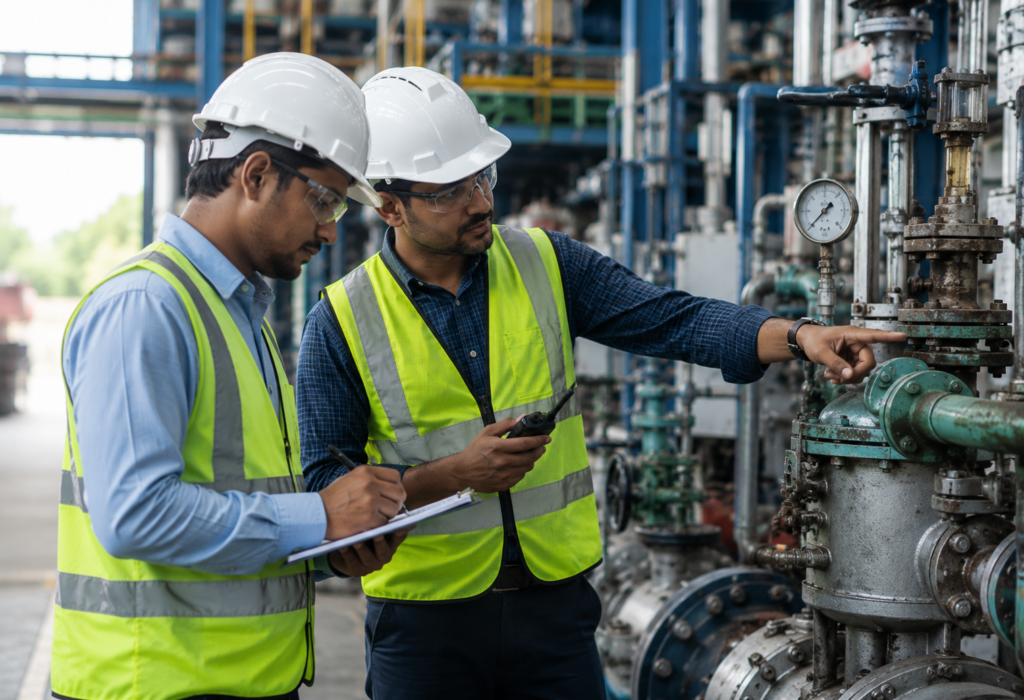 Indian engineers conducting inspection and audit of industrial equipment to ensure safety, quality, and regulatory compliance in a manufacturing facility.