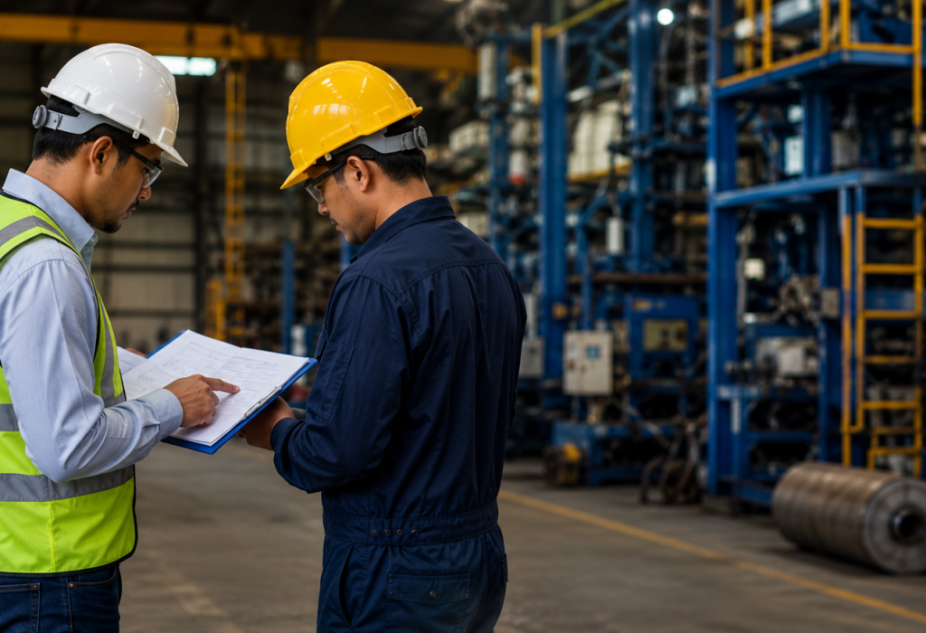 Engineers reviewing technical documents and providing expert consultancy services to improve industrial operations, efficiency, safety, and regulatory compliance.